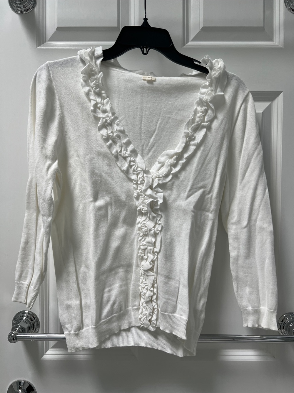 J. Crew White Ruffle-Trim V-Neck Cardigan